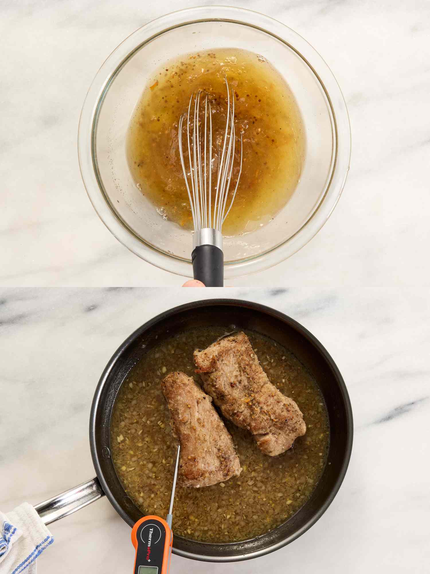 2 image collage. Top: whisking stock mixture together in a glass bowl on white surface. Bottom: Pork cooking in skillet with thermometer in it