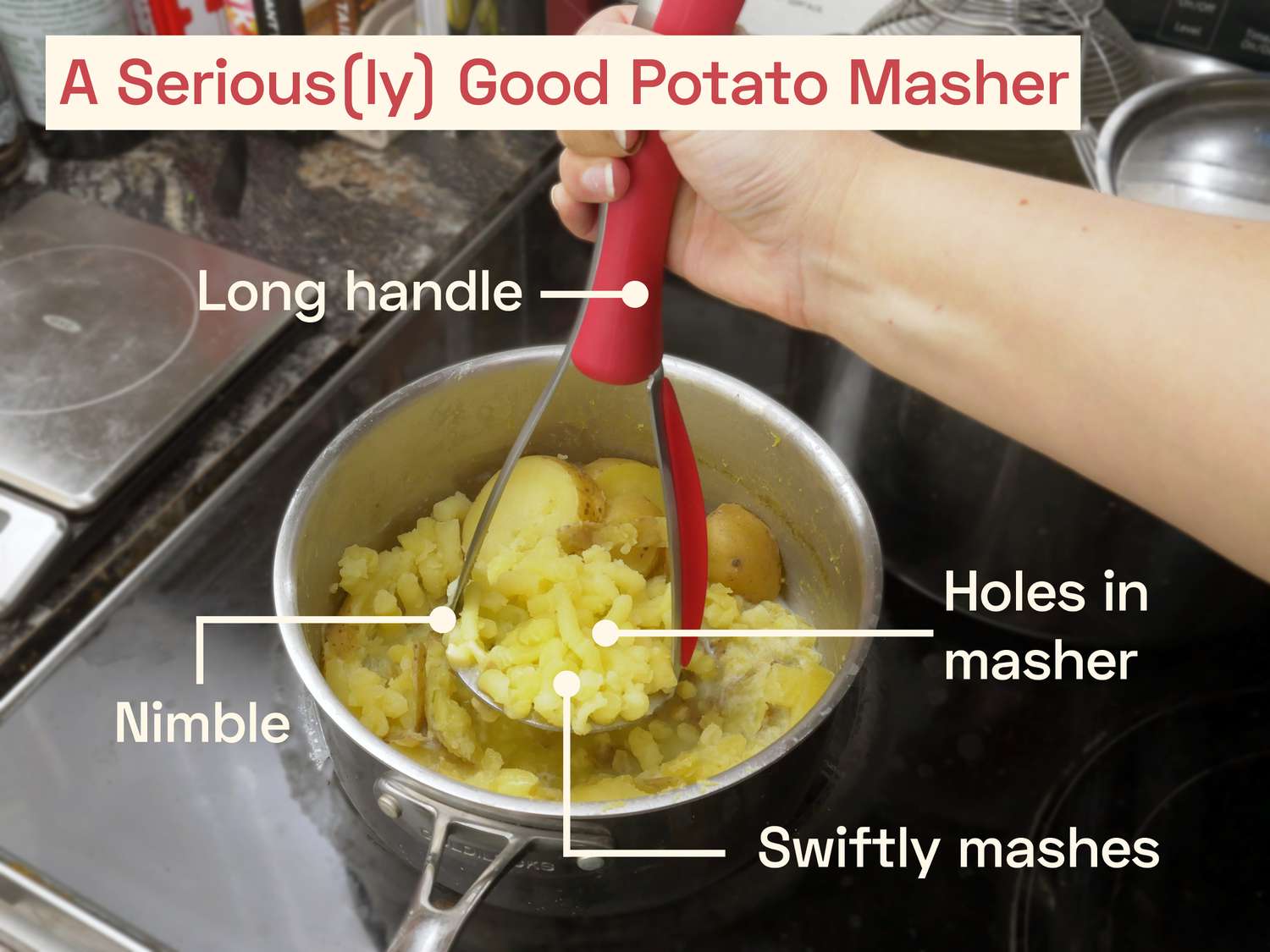a seriously good potato masher text with a person using the zyliss to mash potatoes