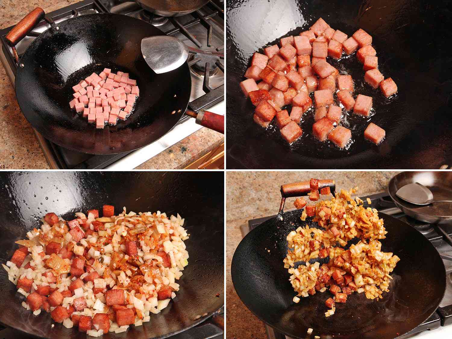 Collage illustrating stages of frying Spam cubes until golden, tossing in kimchi pieces and onion in a wok.
