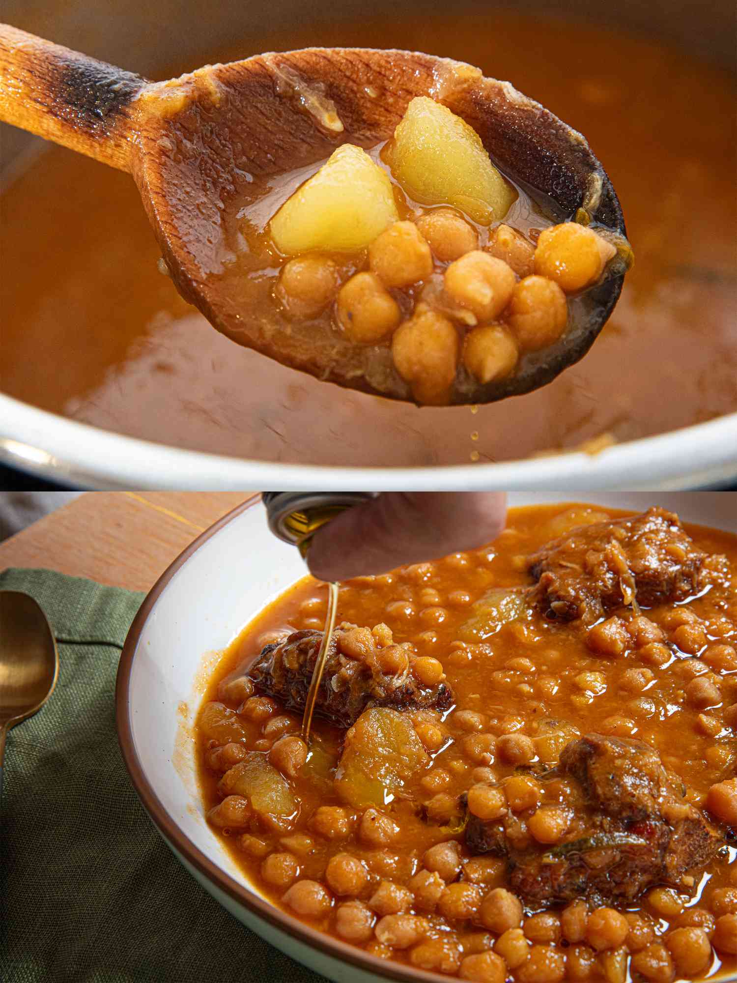 Two image collage of potatoes and chickpeas cooked and drizzling finished dish with olive oil