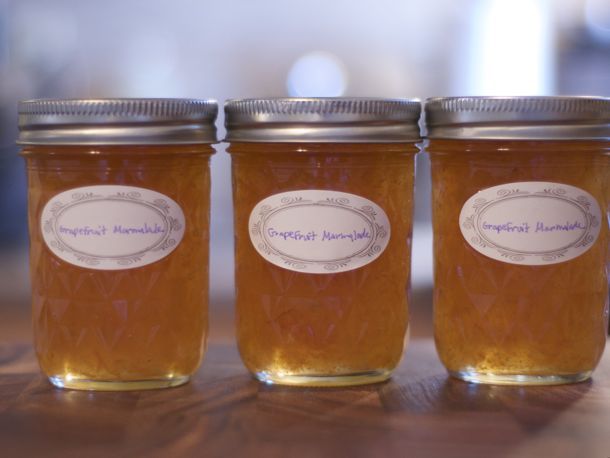 Profile view of several half-pint jars filled with grapefruit marmalade.