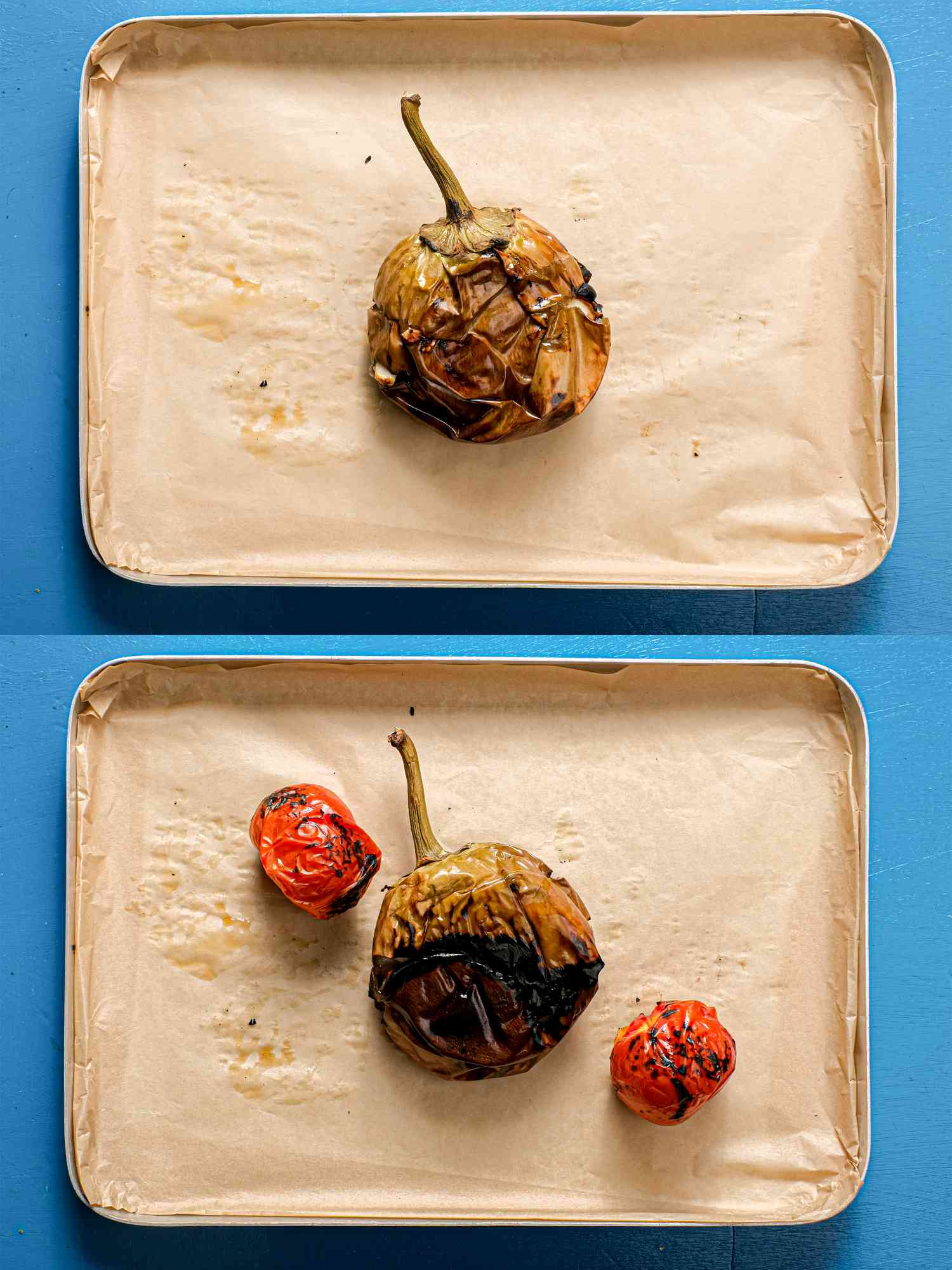 Overhead view of roasted eggplant and tomatoes