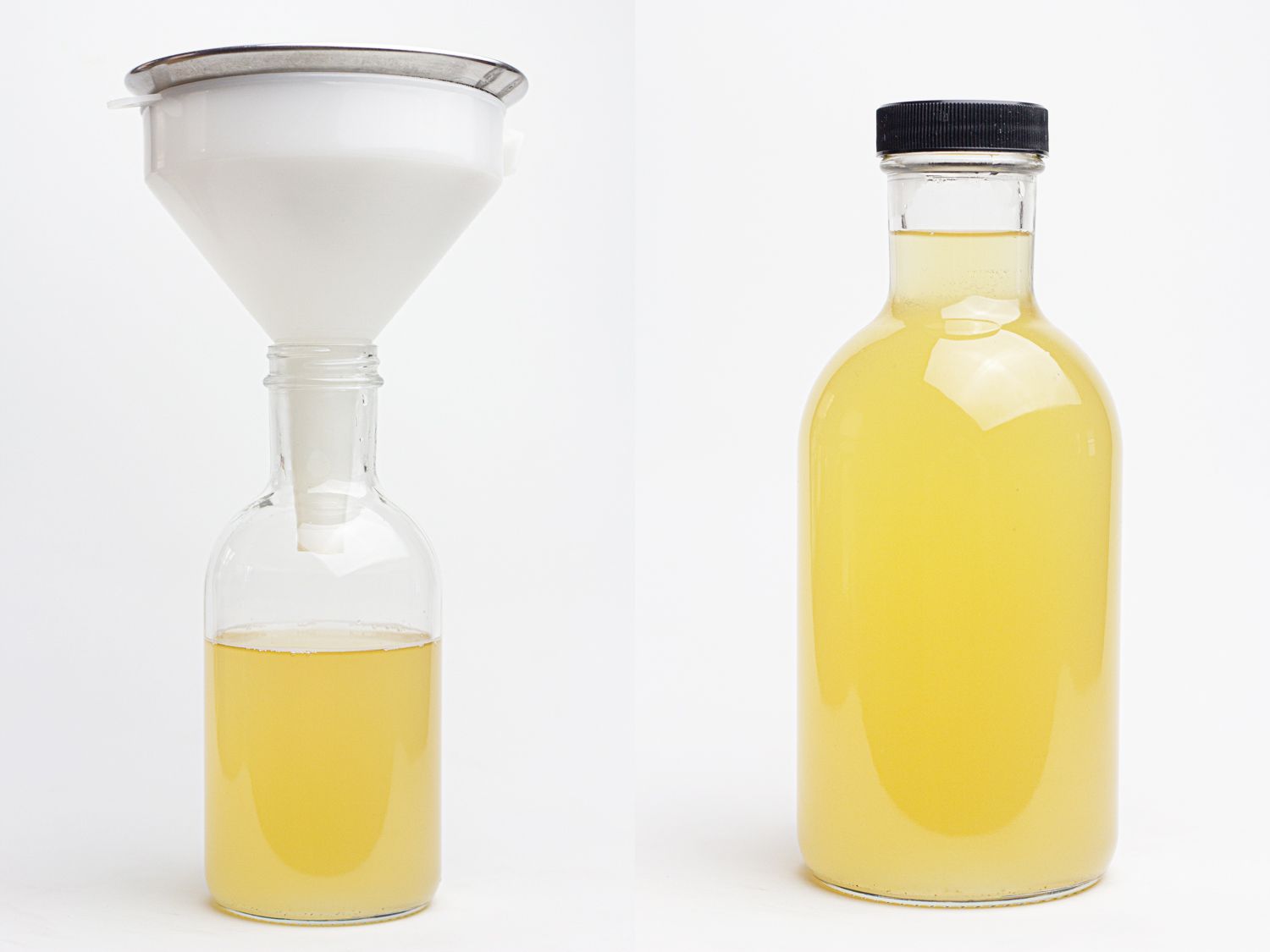 Side by side collage of a funnel and a finished bottle of kombucha