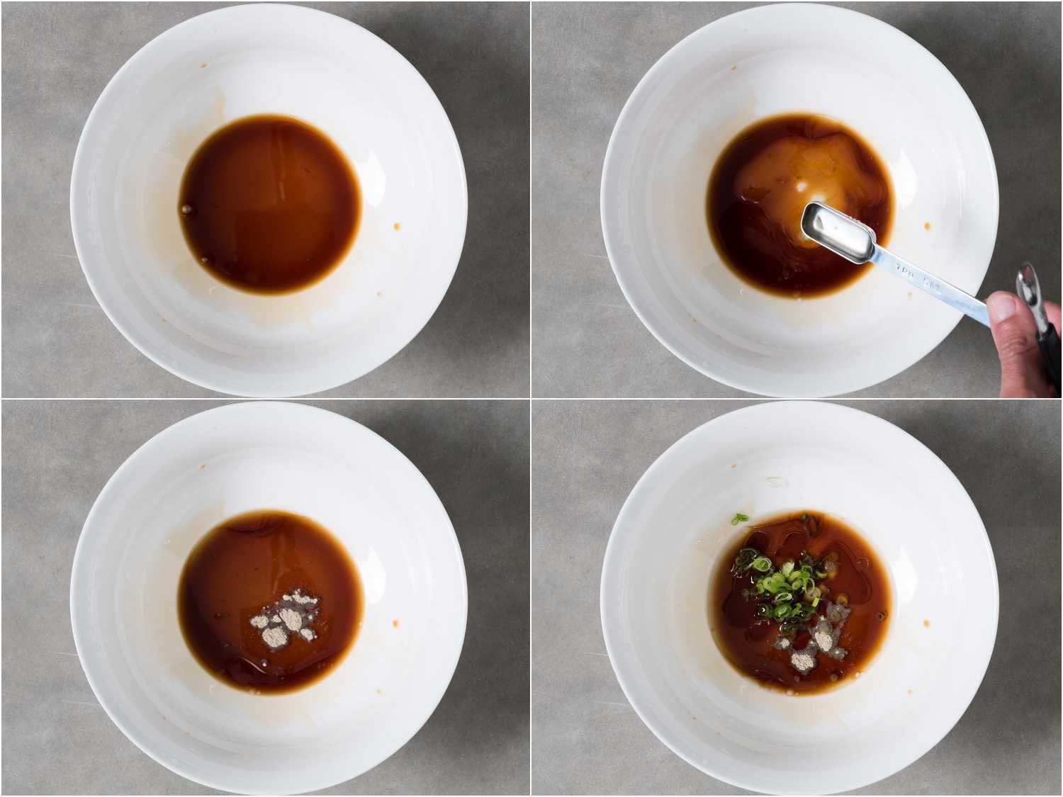 Collage of adding tare, aroma oil, white pepper, and scallions to a serving bowl.