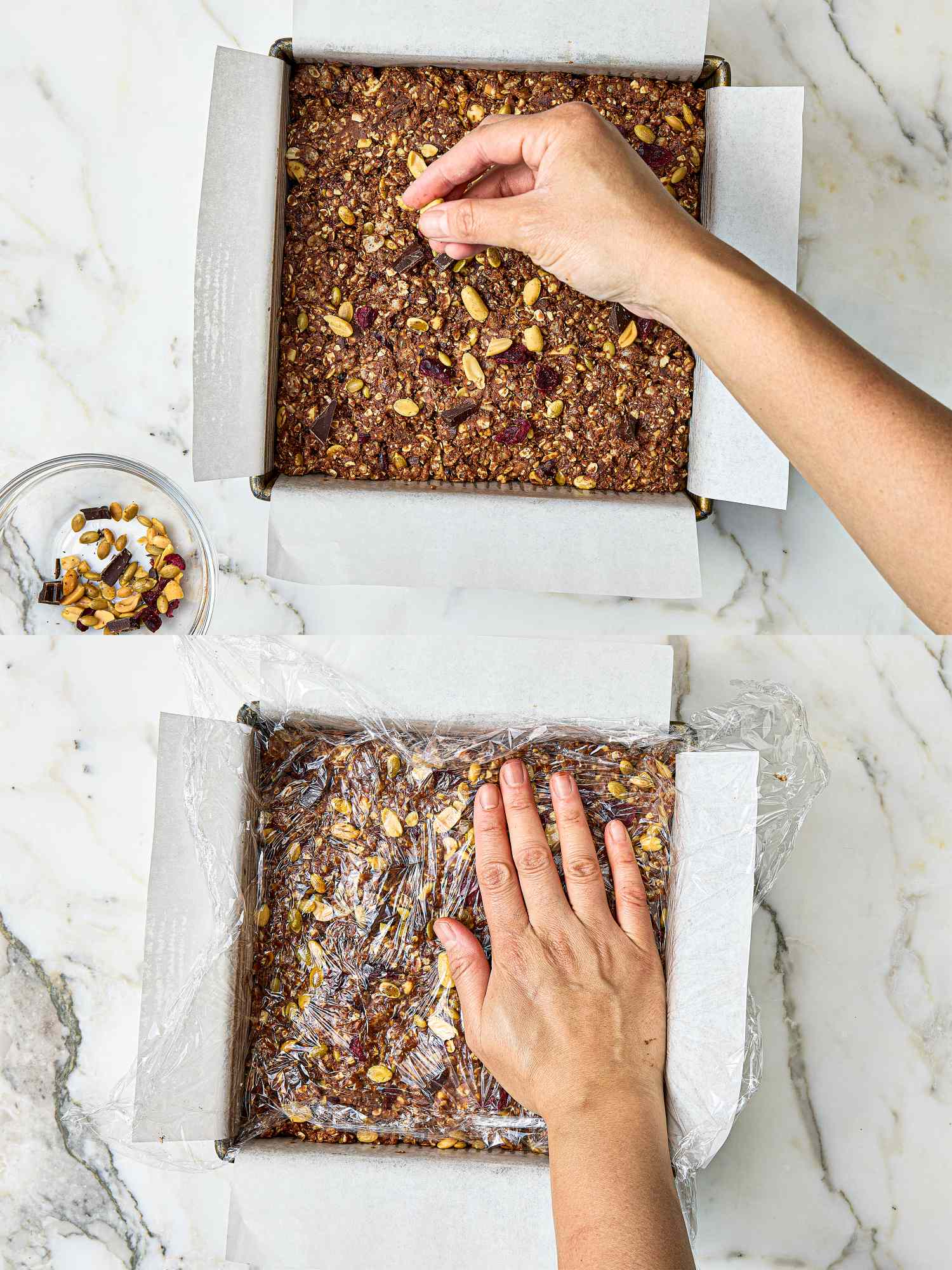 Twostep process of preparing homemade protein bars arranging toppings in a pan and pressing the mixture with hands