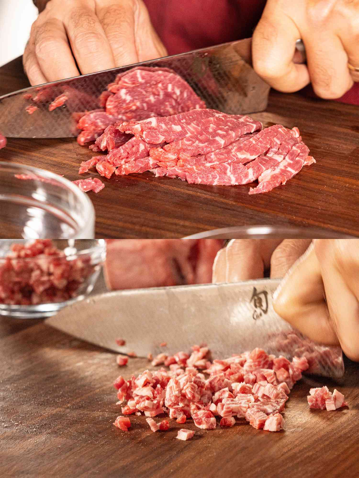 Overhead view of cutting steak