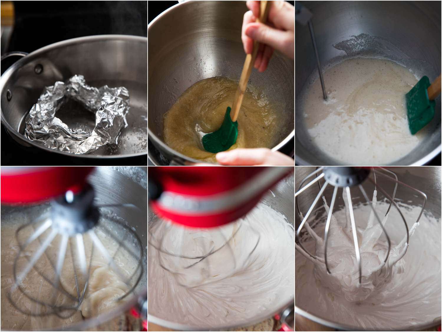 A collage of 6 images showing warming sugar and egg whites in a double boiler, whipping meringue until smooth and fluffy.