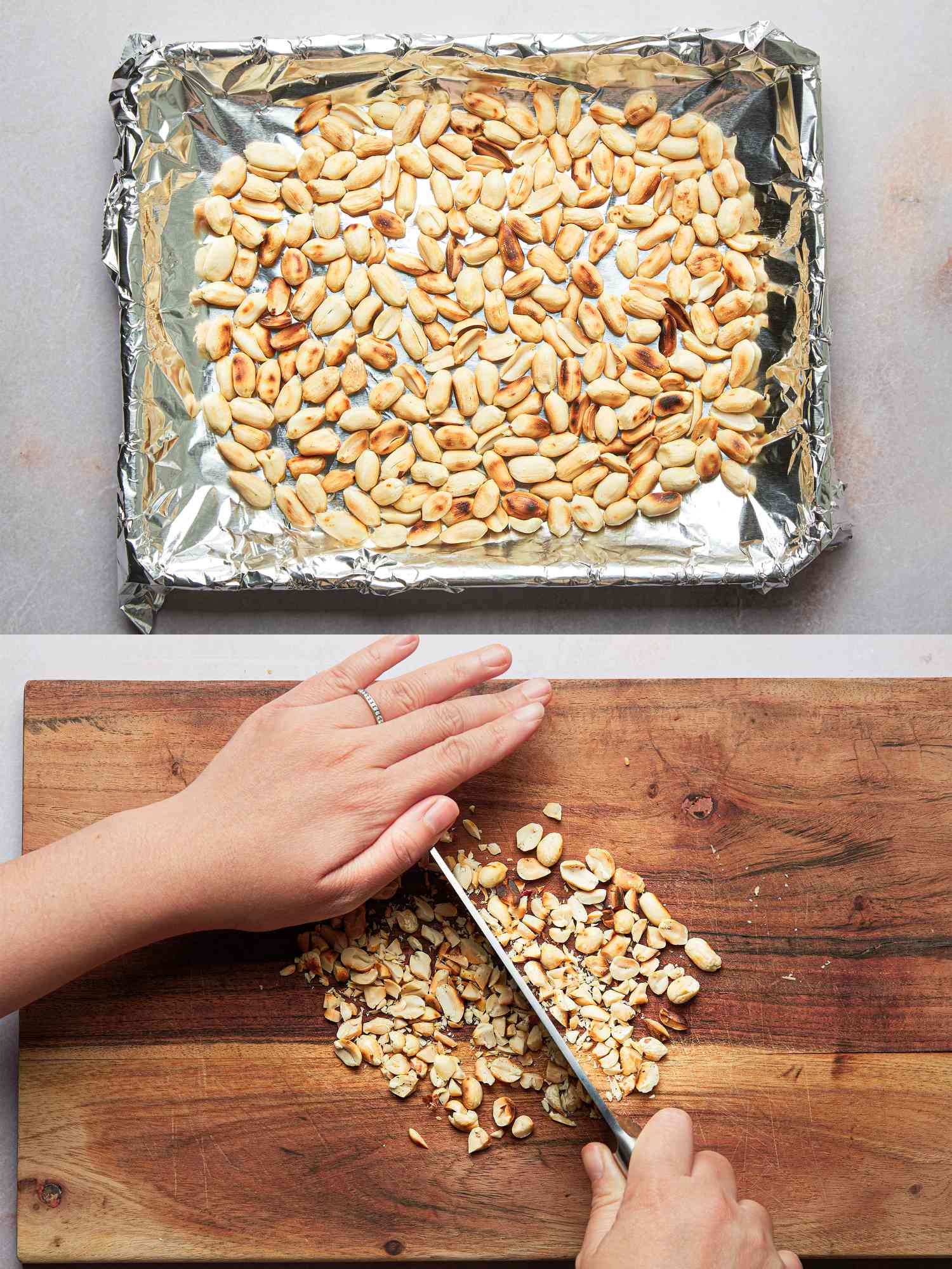 Two image collage of roasted peanuts on a tray and roughly chopping them