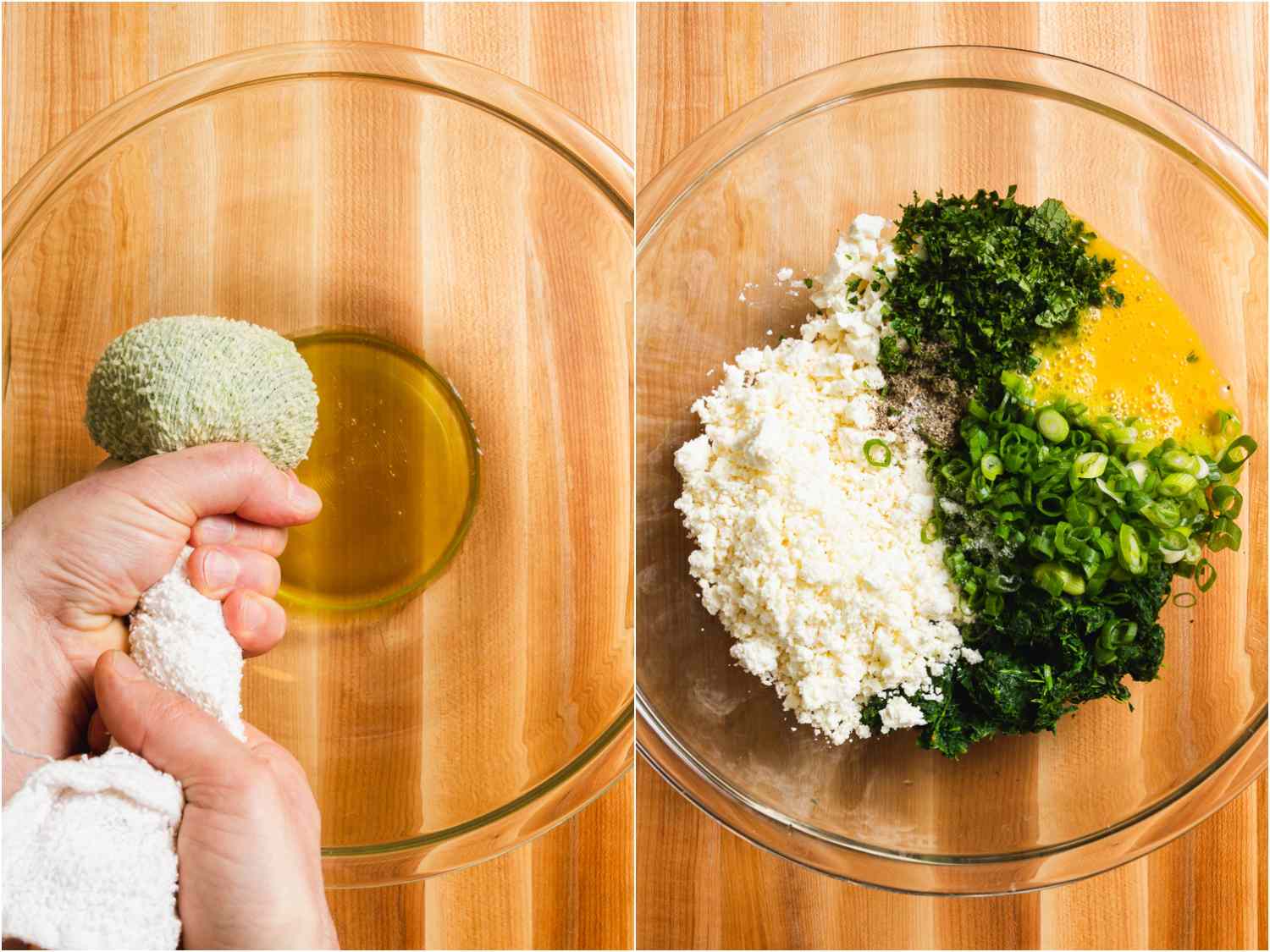 collage: squeezing water out of cooked spinach with a towel; a different bowl filled with cheese, eggs, scallions and chopped spinach