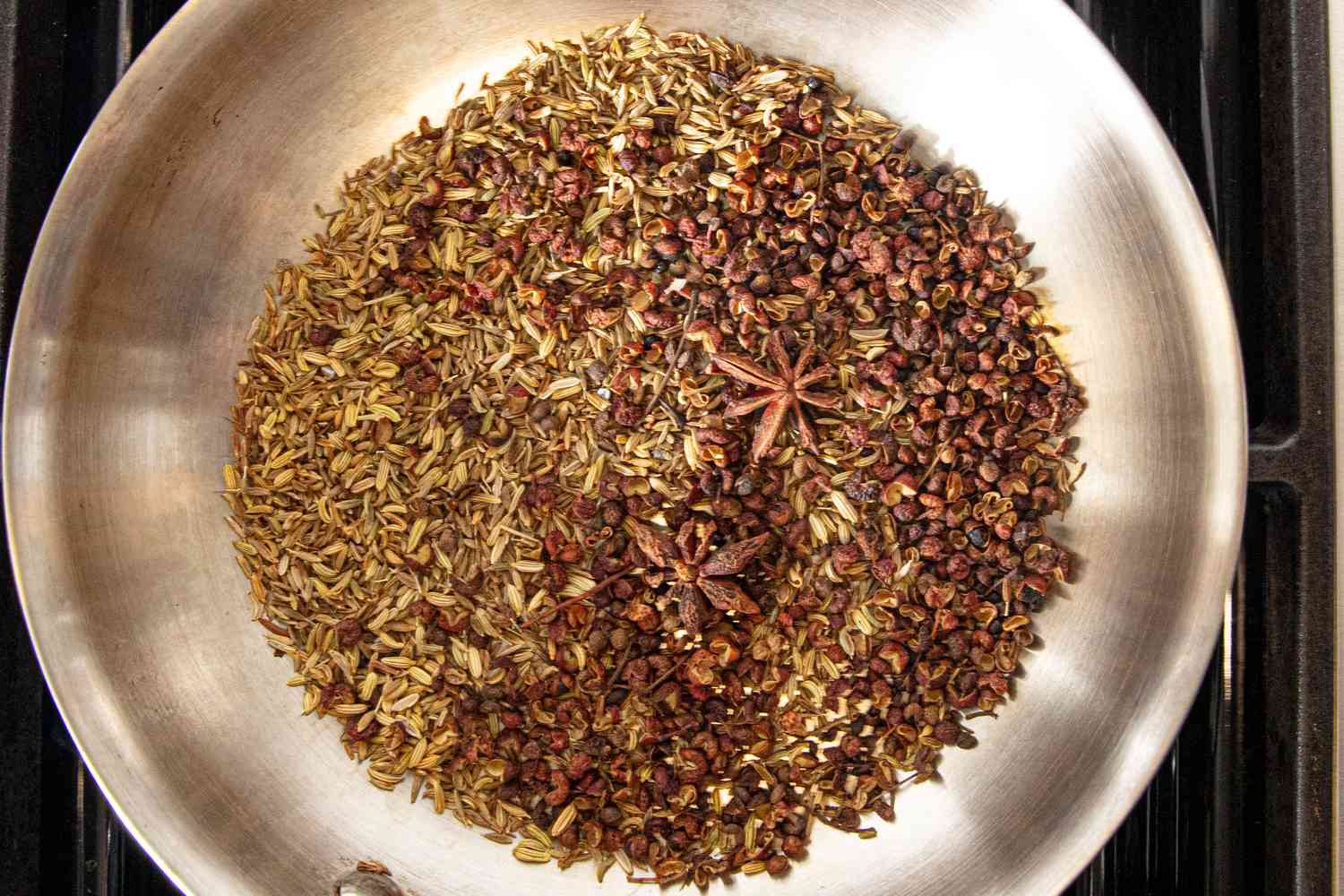 Overhead view of spices in pan