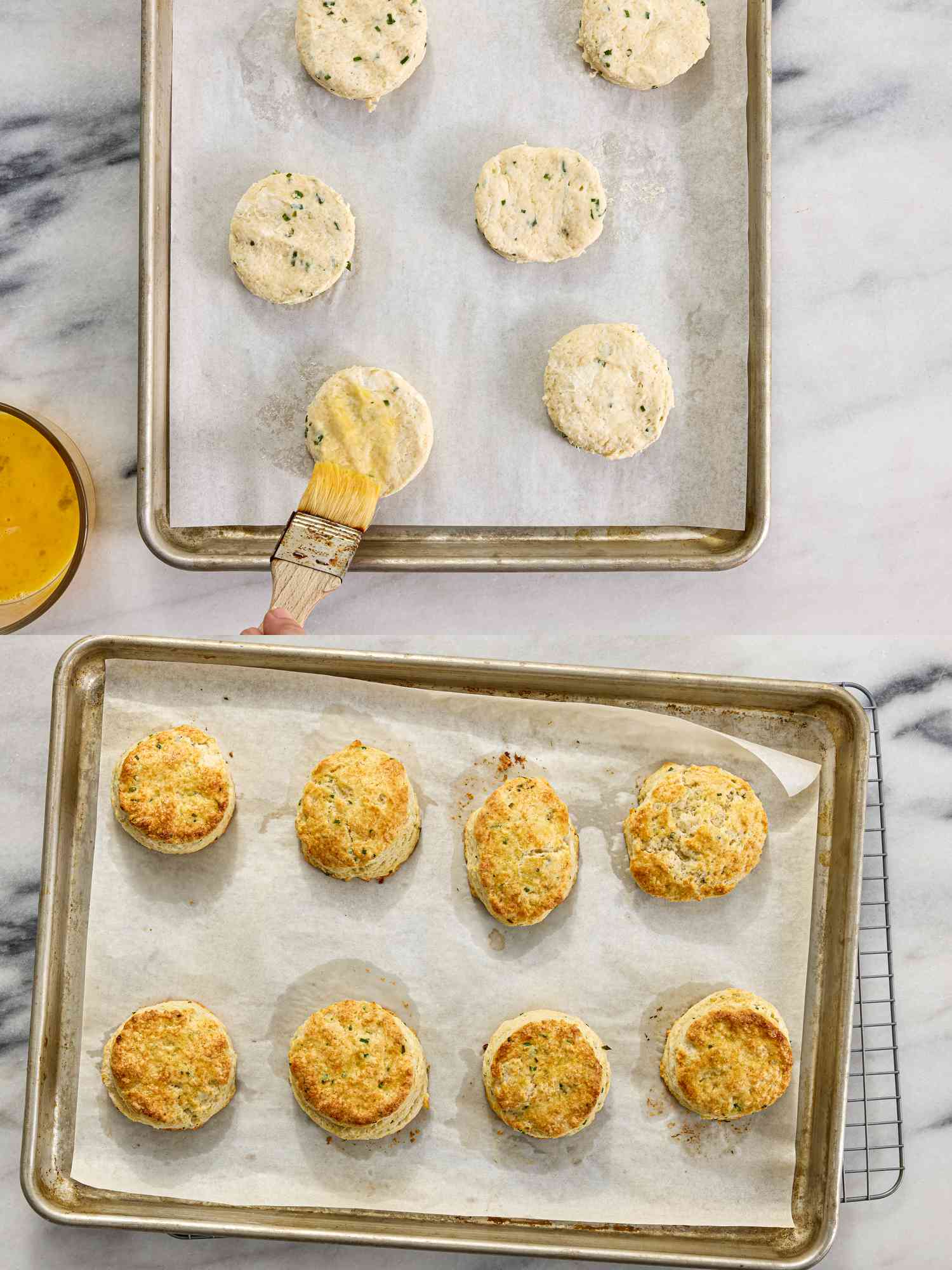 2 image collage. Top: brushing tops of biscuits with butter on a sheet pan. Bottom: baked biscuits on a cooling rack 