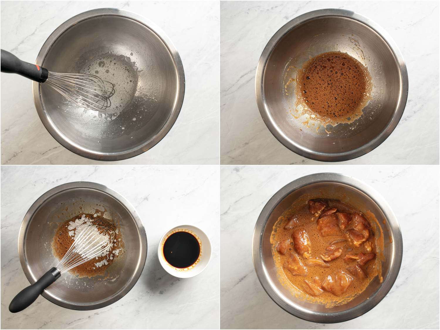 A collage: beating egg white in a bowl, adding soy sauce, wine, and vodka, whisking in cornstarch and adding chicken to marinate. 