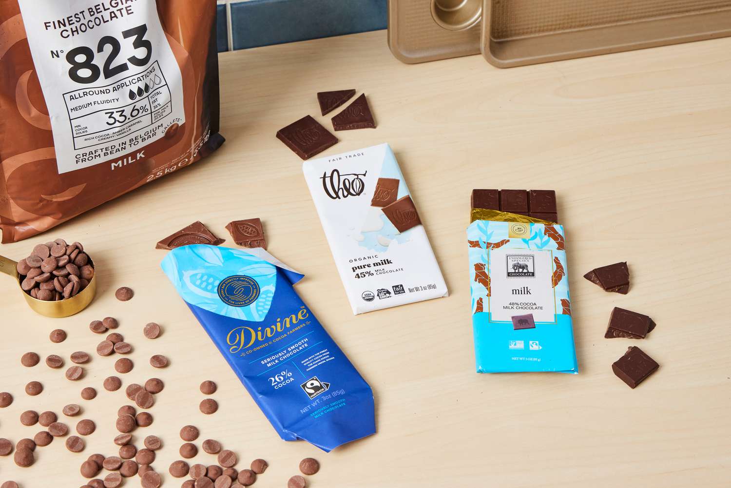 Four types of milk chocolate on a kitchen countertop.