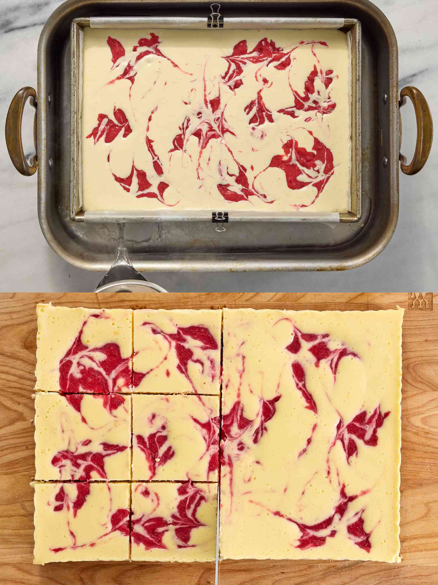 2 image collage. Top: Pouring water to roasting pan with baking pan in it. Bottom: slicing cheesecake into bars on wooden board 