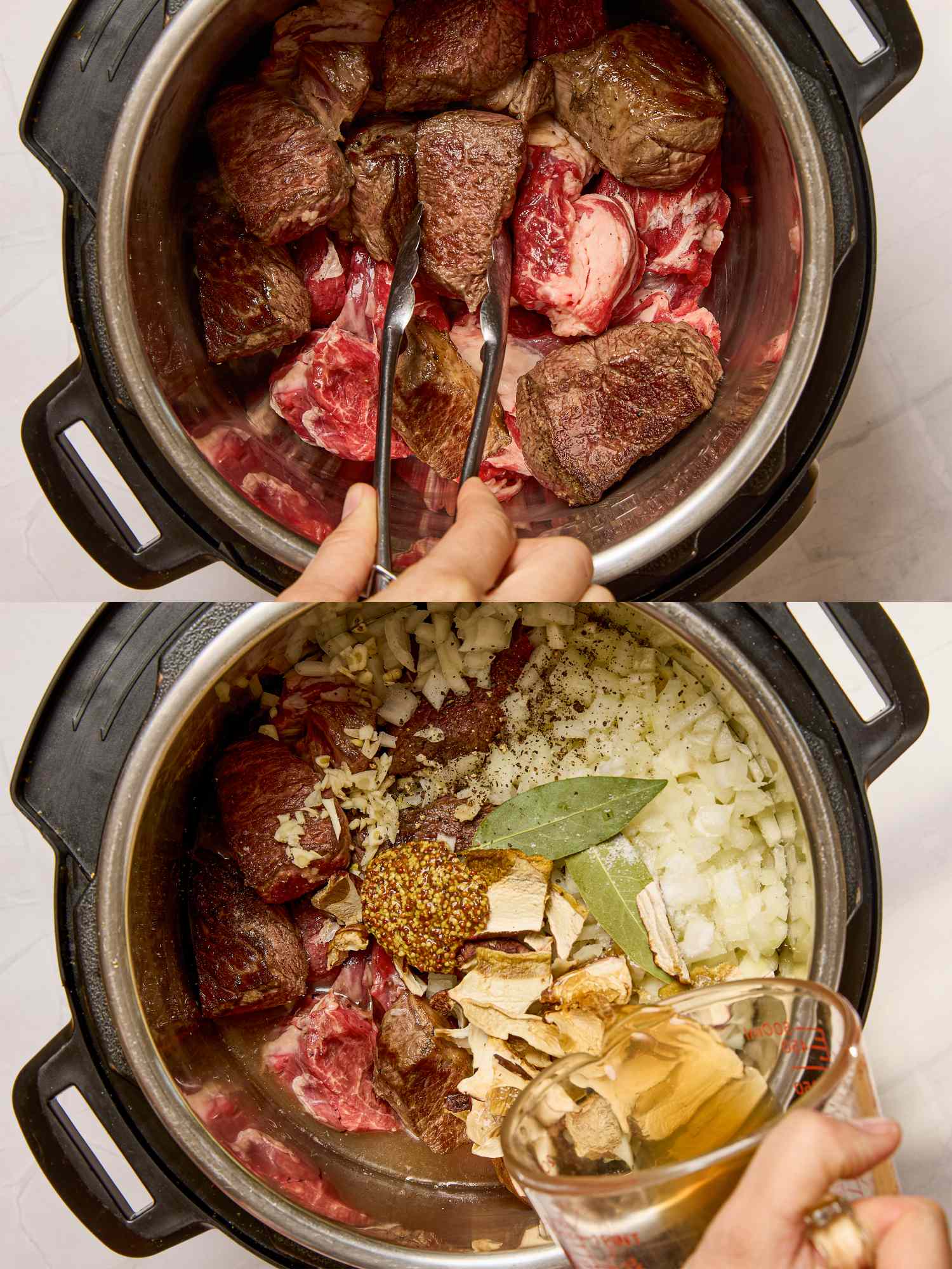 Steps in cooking beef stroganoff in a pot showing browned beef and ingredients being added