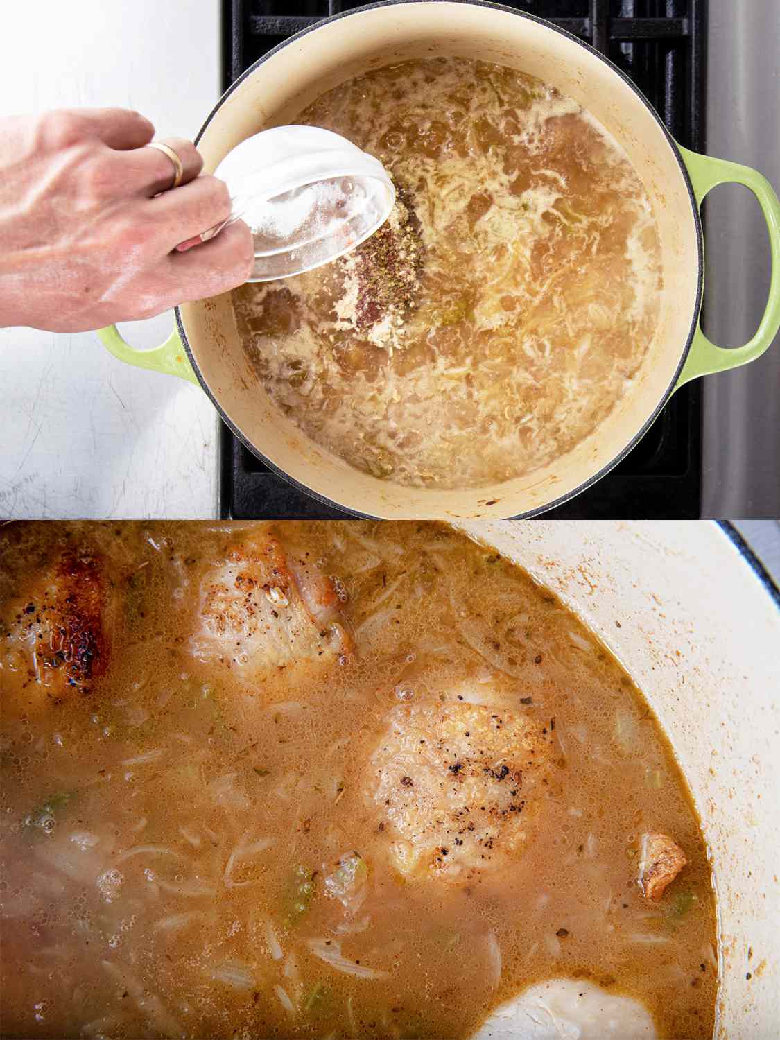 Two image collage. Top image: spices added to boiling stock. Bottom image: close-up of chicken cooking in stock, showing the chicken pieces mostly submerged