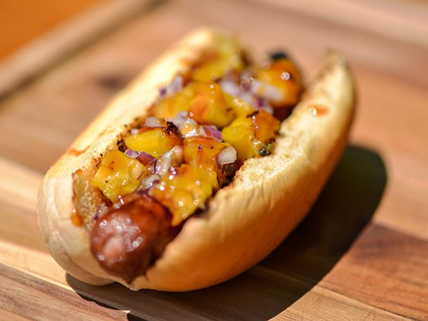 Closeup of a tiki hot dog.