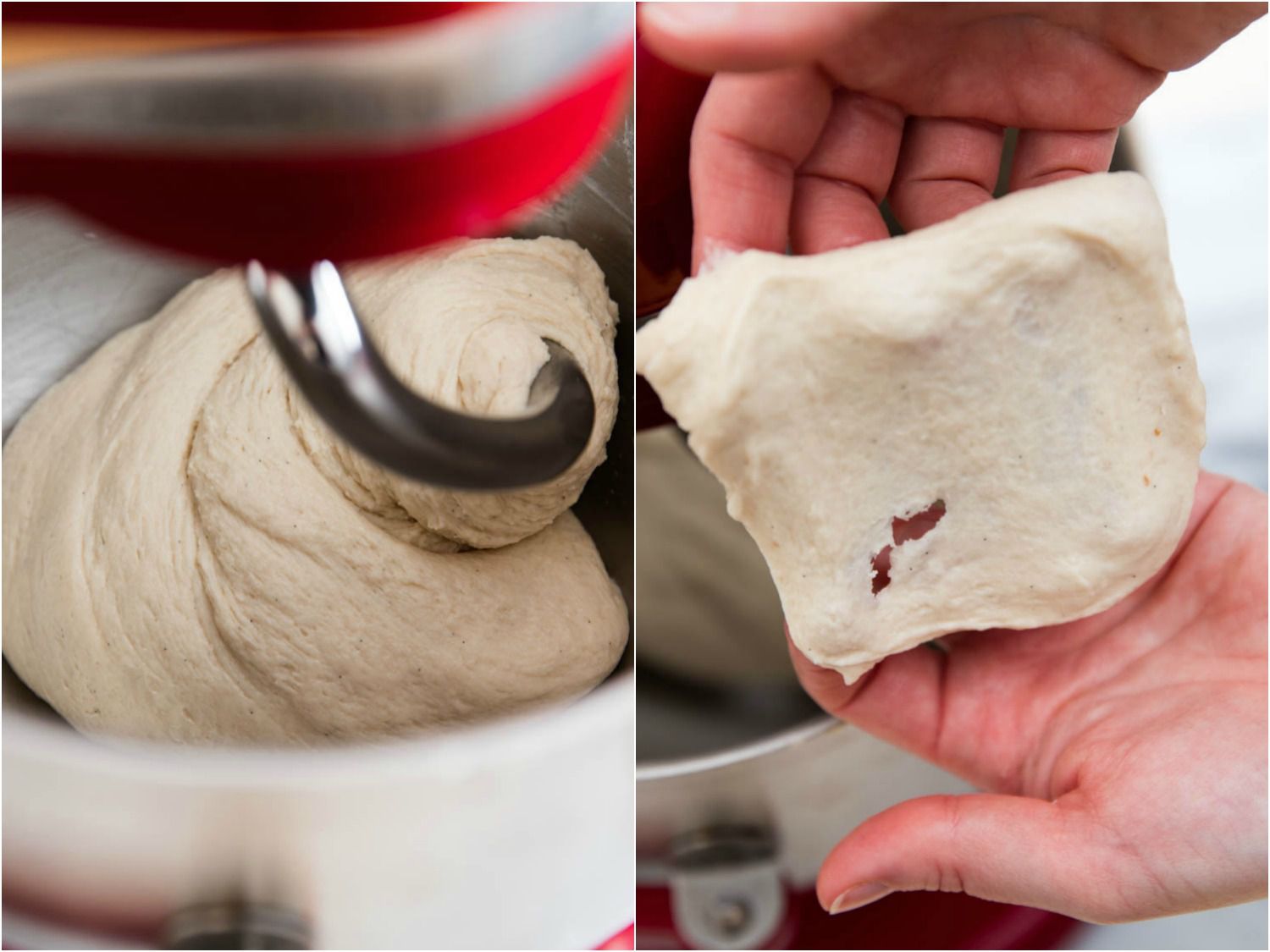 Split image of the dough being kneaded with the hook attachment in a stand mixer and the author stretching the dough to check its elasticity.