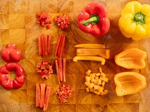 Overhead view of red and yellow bell peppers
