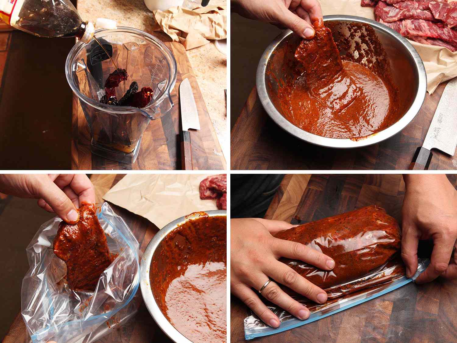 Photo collage showing making carne asada marinade in a blender, adding steaks, and sealing them in a zipper-lock bag.