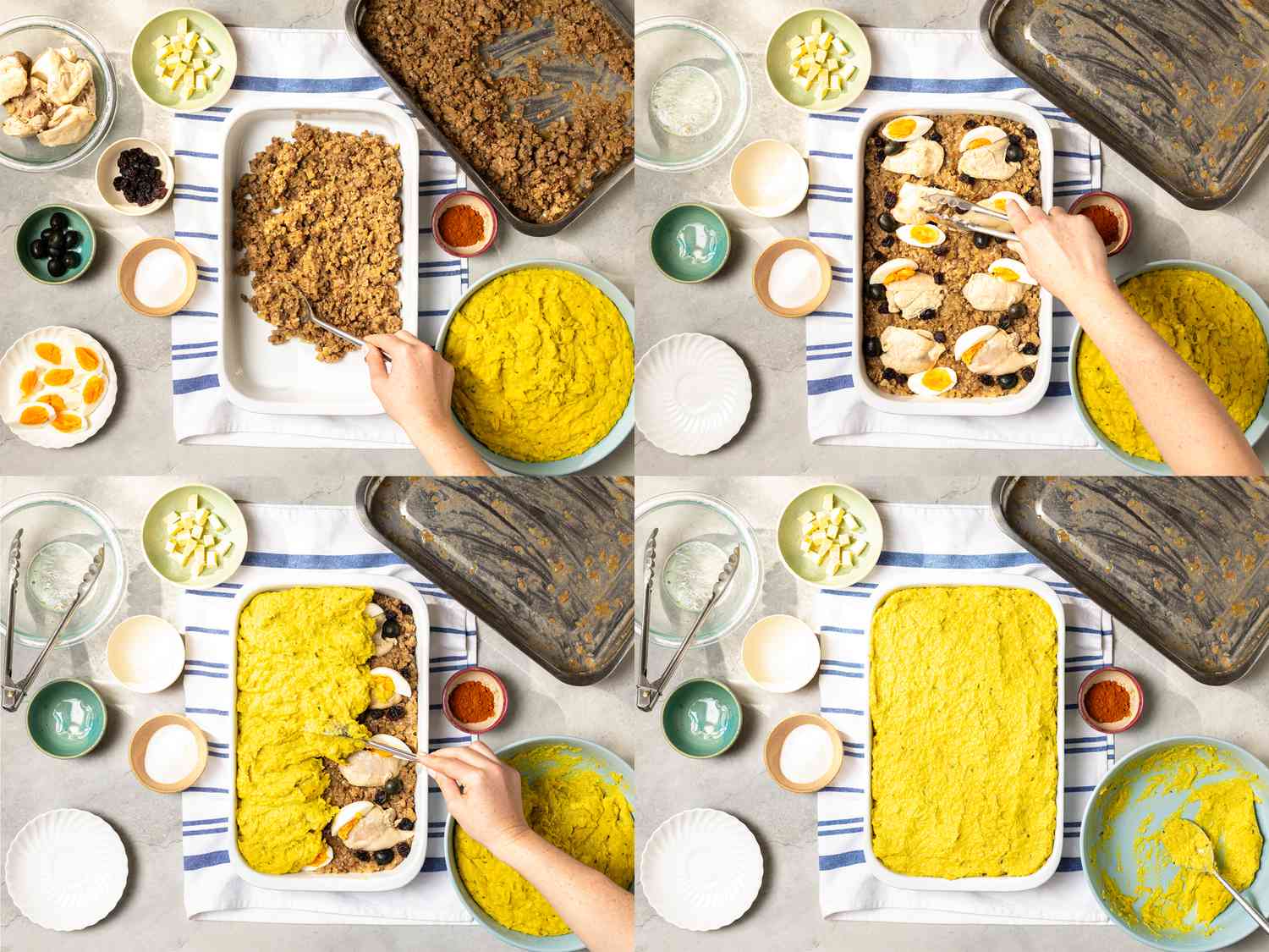 4 image collage. Top Left: Ground beef added into baking dish, surrounded by all needed ingredients. Top Right: Arranging chicken, eggs, olives, and raisins evenly over the beef layer. Bottom Left: Pouring the paastelera layer on top. Bottom Right: Assembled uncooked pastel de choclo, surrounded by bowls with left over ingredients 