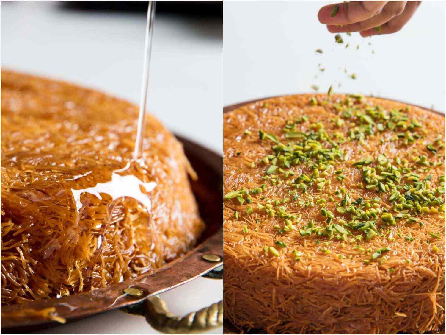 baked kanafeh, drizzled with syrup and sprinkled with chopped pistachios