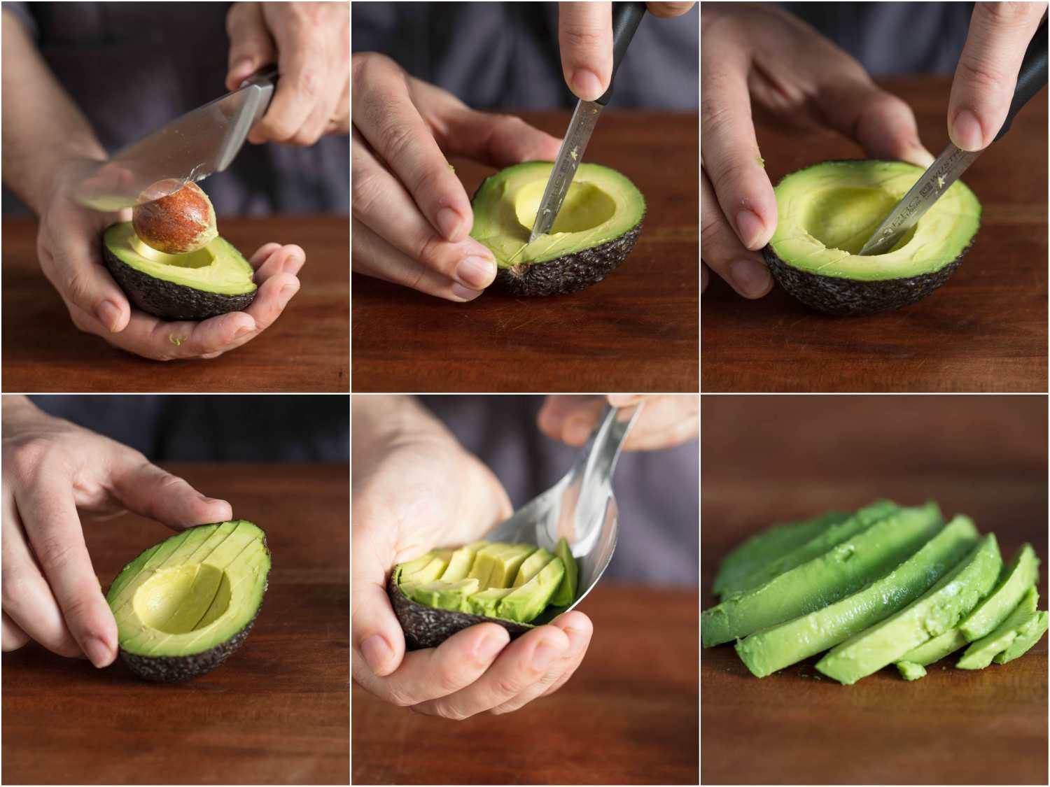 Collage of six photos: removing avocado pit, slicing avocado half, scooping out slices, a fanned-out display of avocado slices