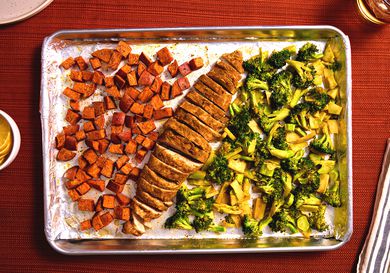 Overhead view of sheet pan dinner