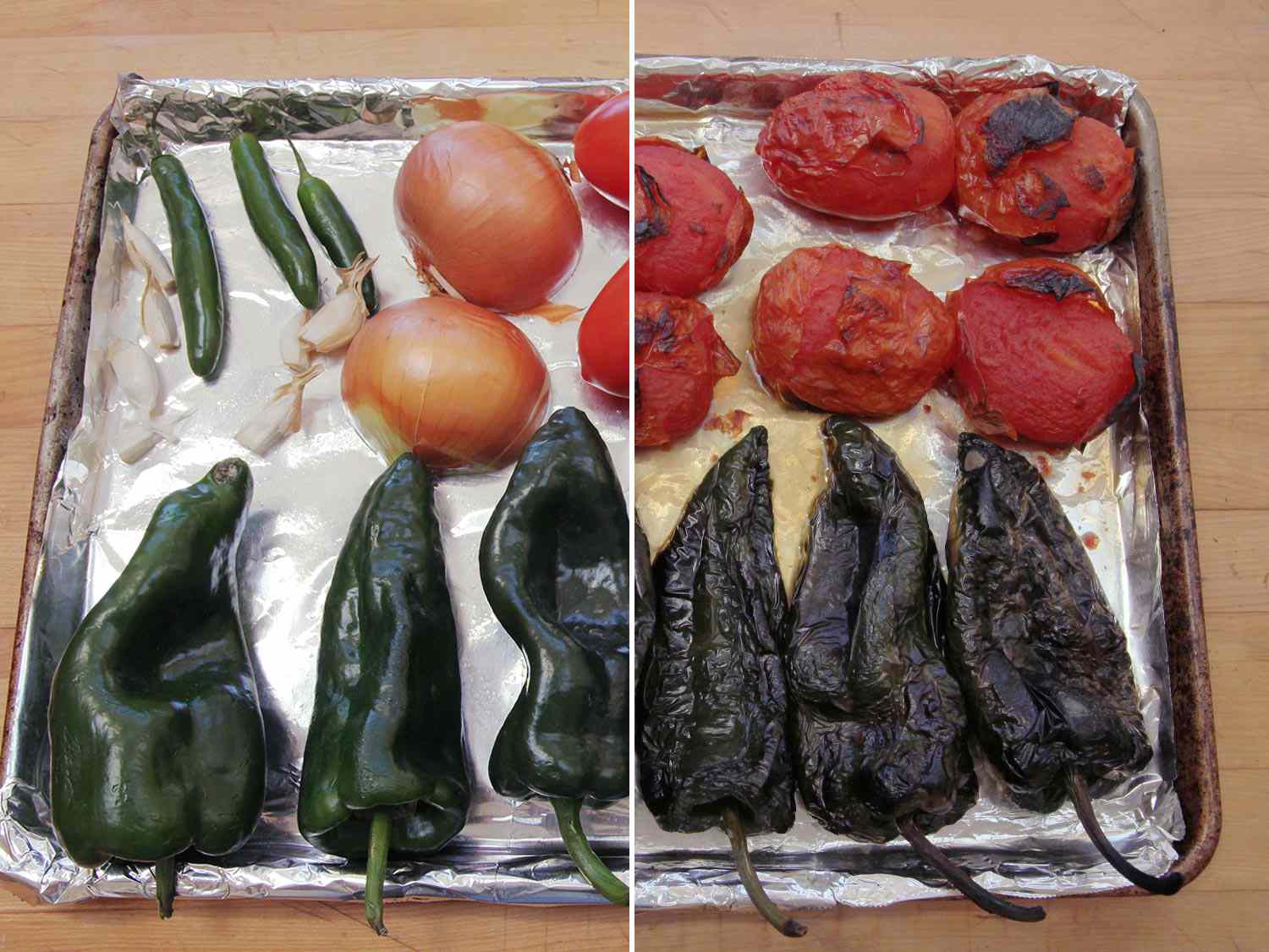 A split image of unroasted chiles, onions, garlic, tomatoes, and Poblano peppers and roasted vegetables.
