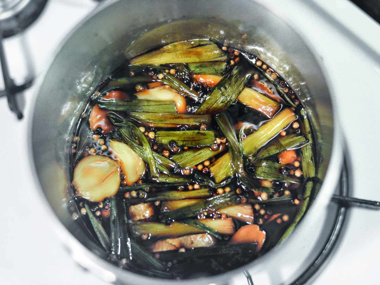 Overhead of the saucepan of tare sauce after simmering.