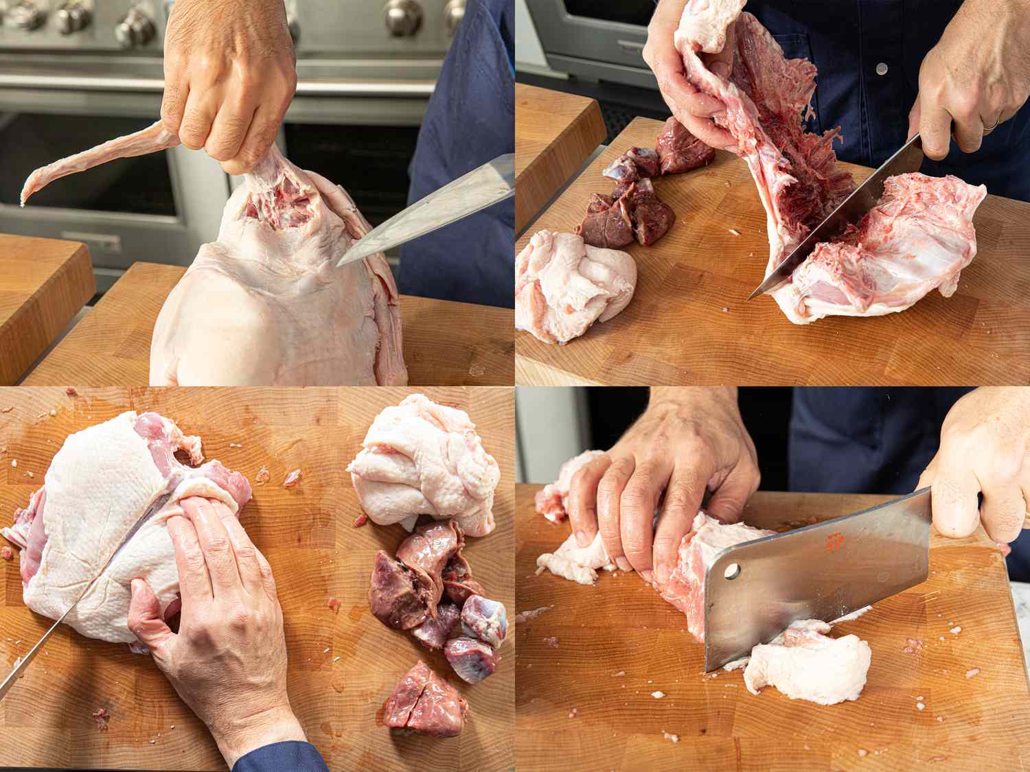 Four image collage of butchering duck