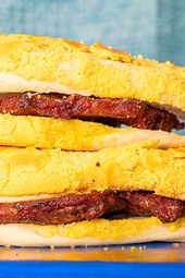 Side view of pork chop sandwich