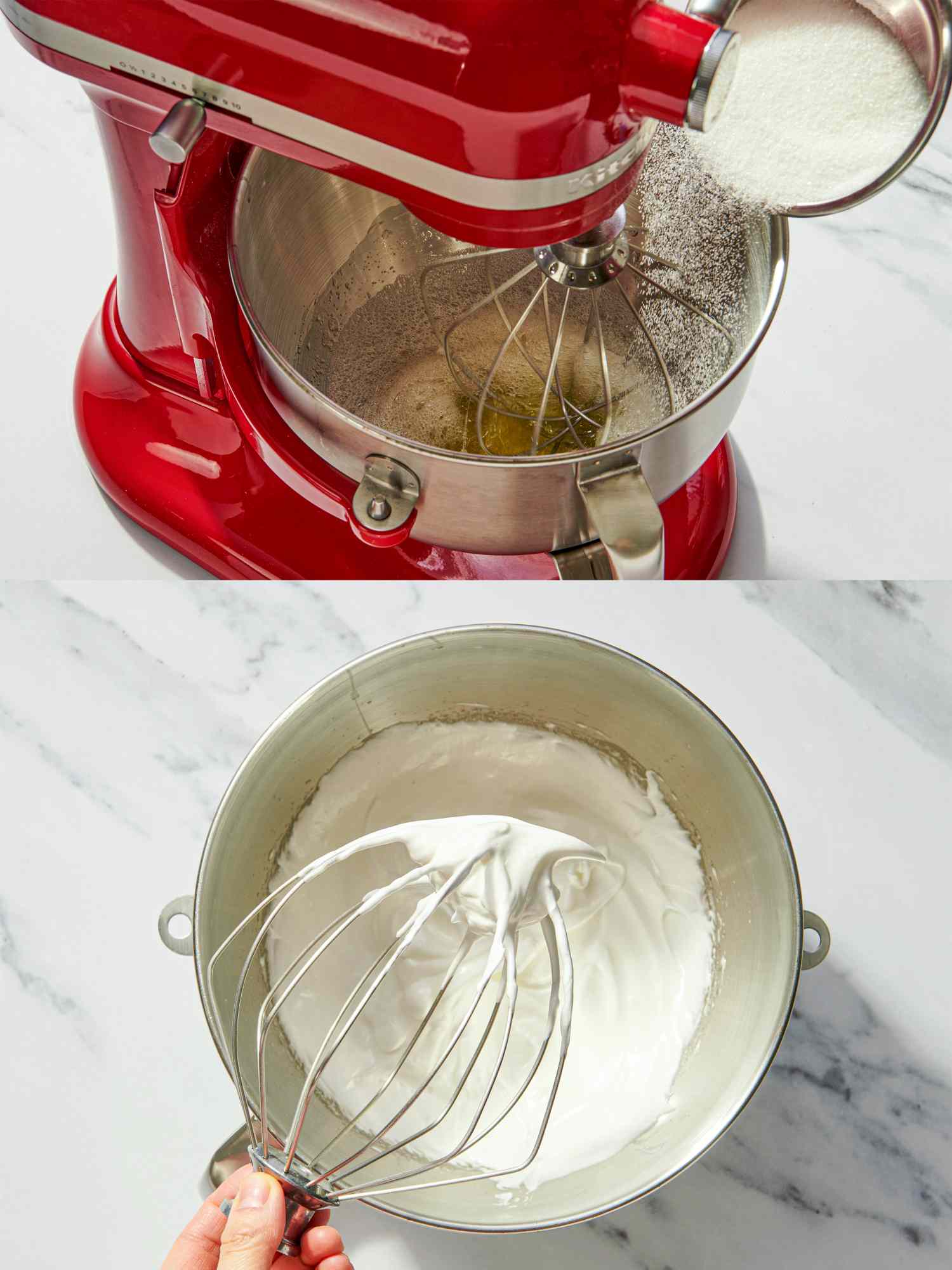 Electric mixer with ingredients being whisked followed by the whisked mixture in the bowl