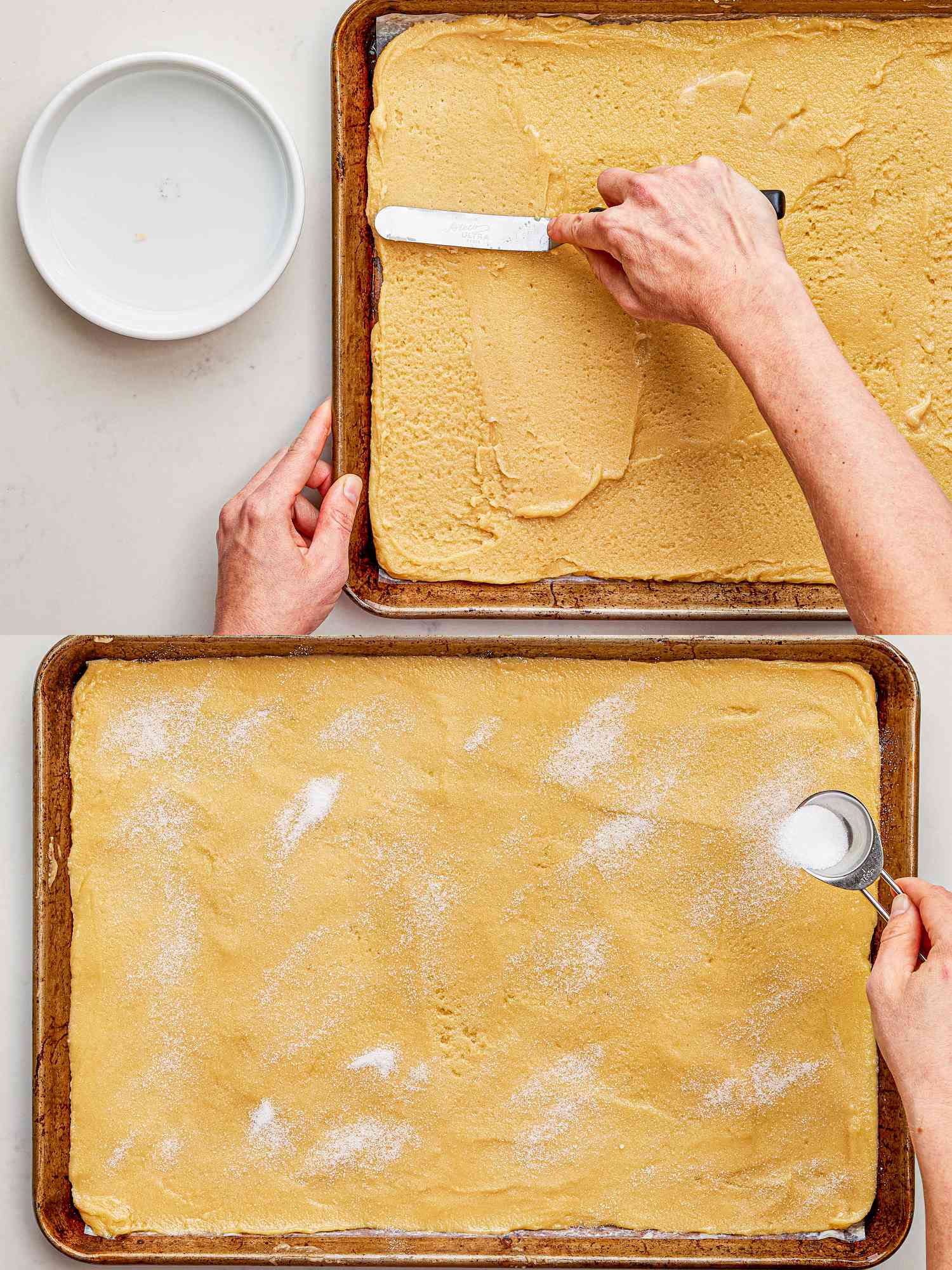 Two image collage of spreading batter and topping with sugar