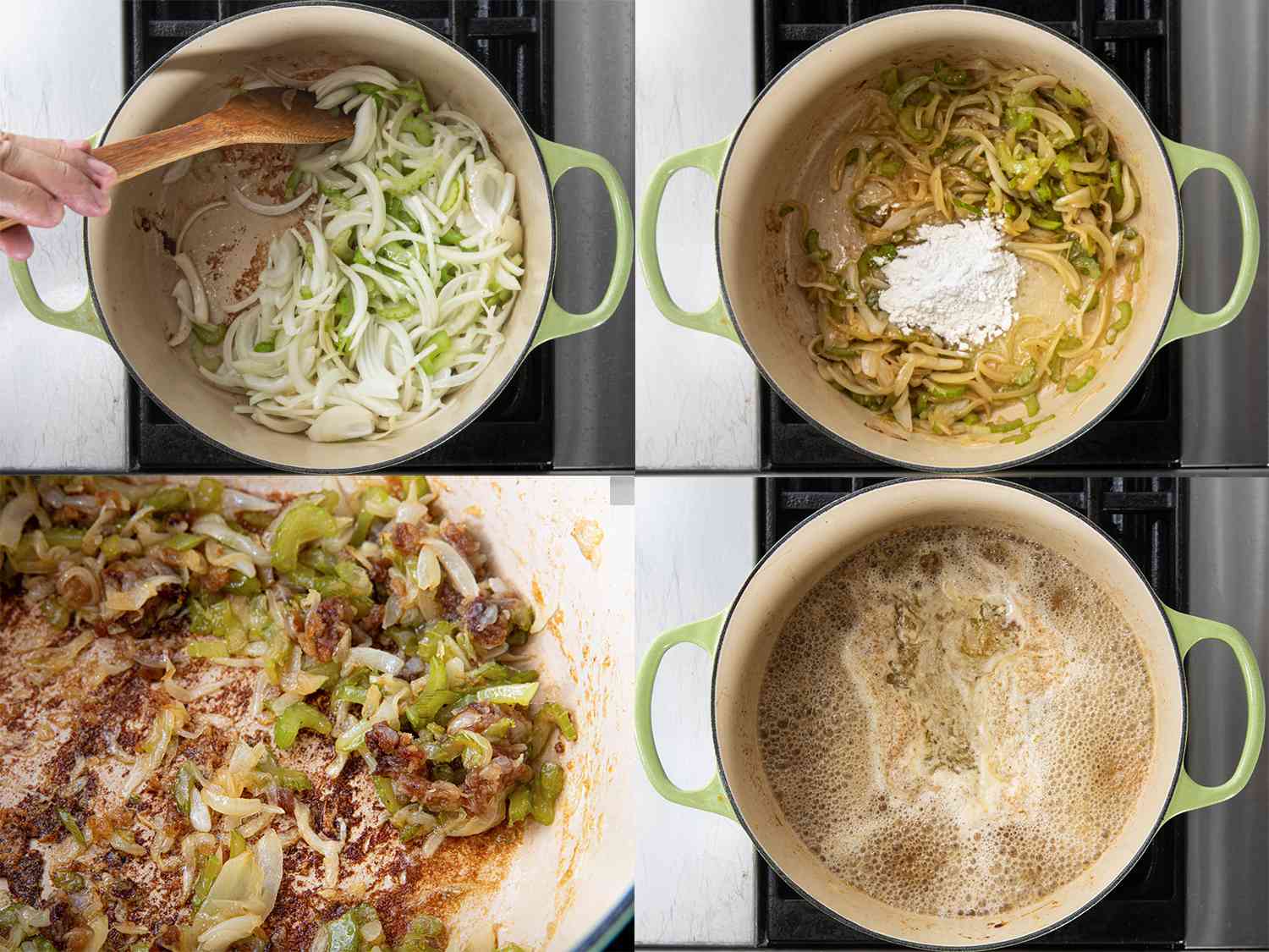 A four image collage. Clockwise from upper left: Onions and celery being stirred in a dutch oven while scraping up browned bits left from chicken; flour being added to the softened onions and celery; a close up of flour browned on the floor of the Dutch oven; stock added to Dutch oven and brought to a boil. 