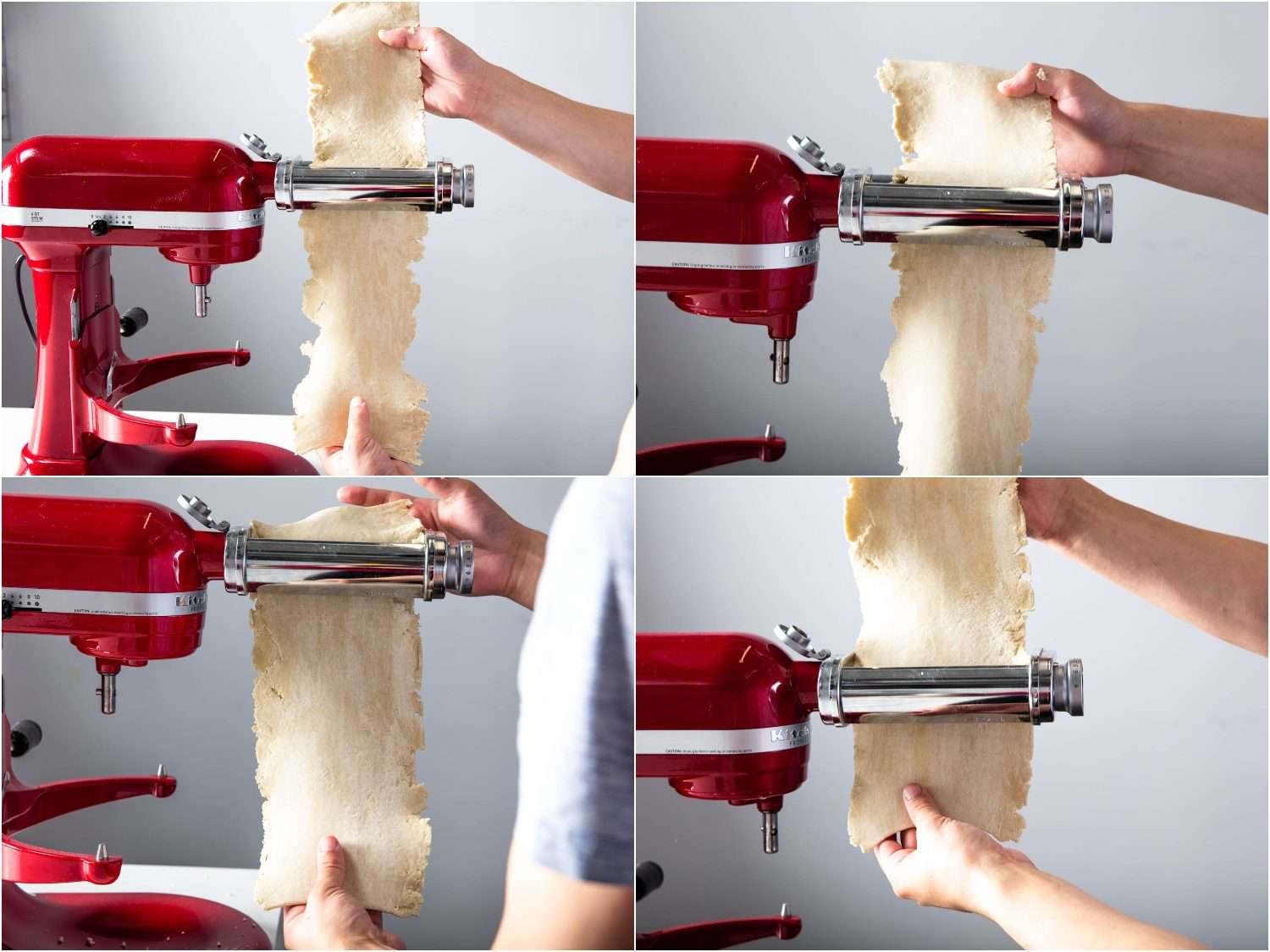 Collage of four photos showing the creation of a sheet of alkaline noodle dough from two crumbly sheet-like things using a stand mixer's pasta roller attachment