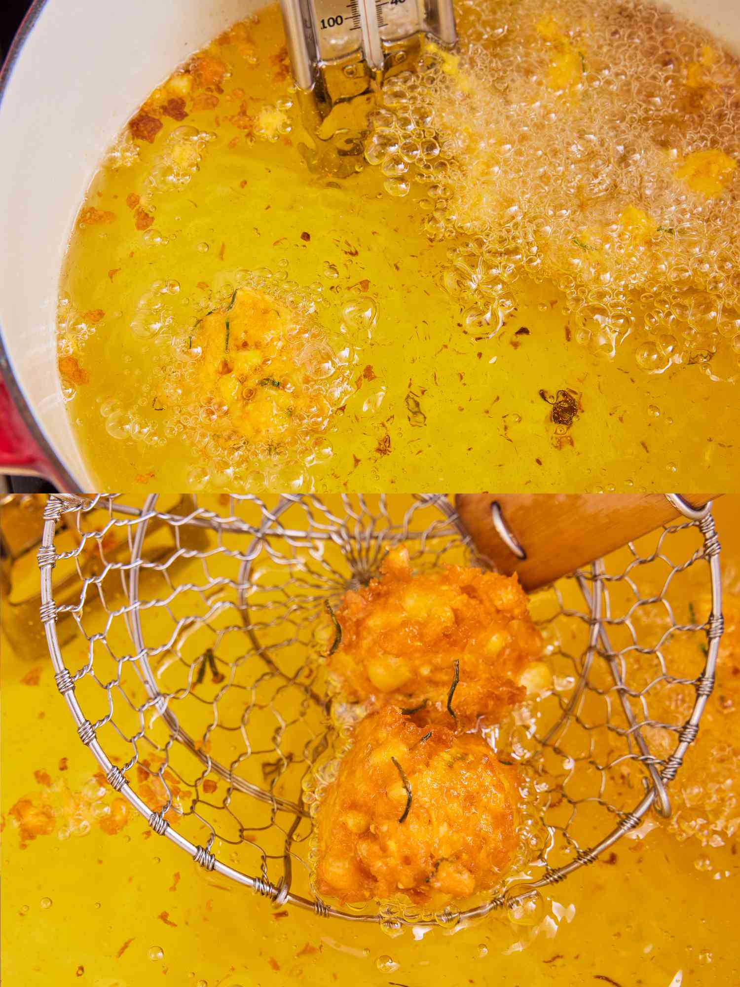 2 image collage. Top: Dutch oven full of oil deep frying a fritter. Bottom: using a spider spatula, pulling the fried fritters out of oil 