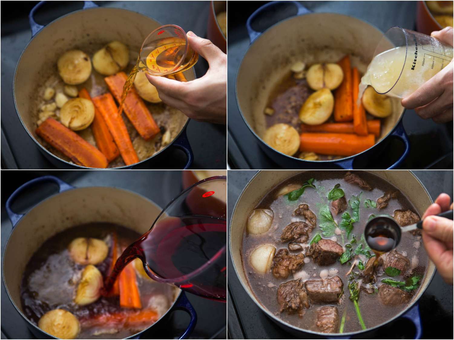 A collage: adding brandy, chicken stock, red wine, fish sauce, and soy sauce into a pot of boeuf Bourguignon. 