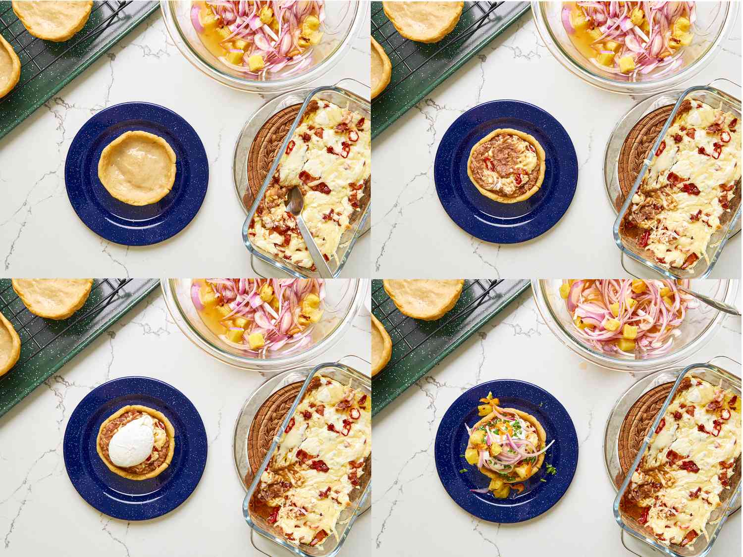 Collage of a breakfast sope being assembled.