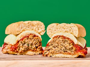 Side view of cut meatball sub
