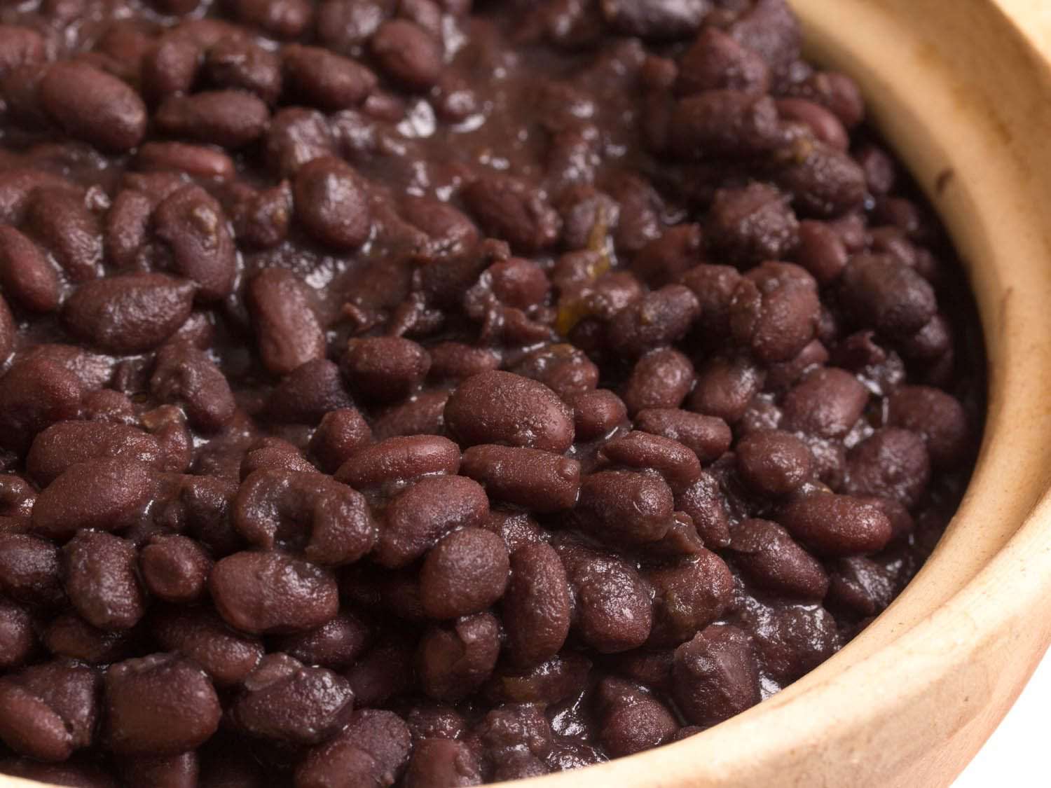 Close up of cooked black beans.