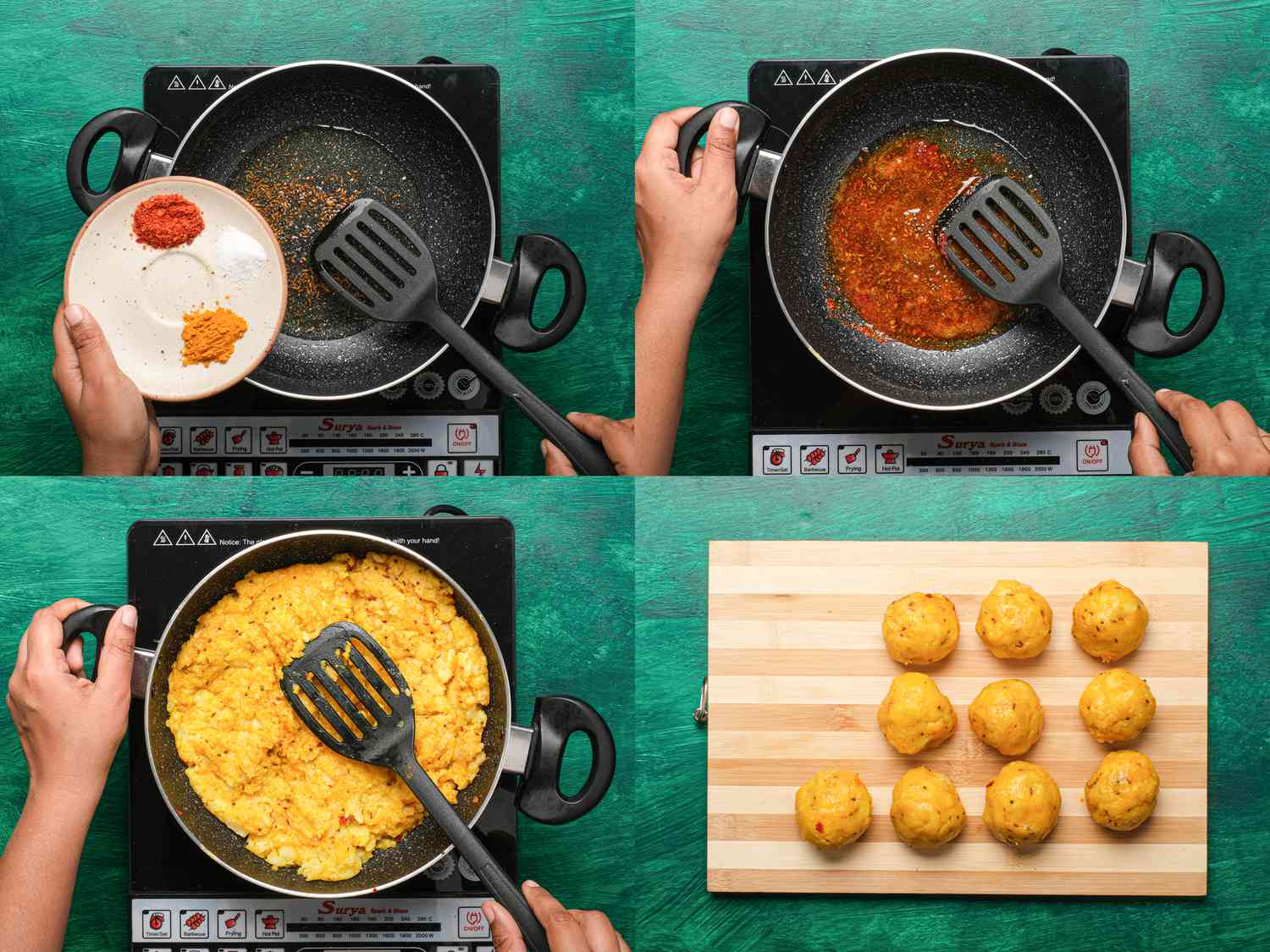 Four image collage of making potato balls and spice