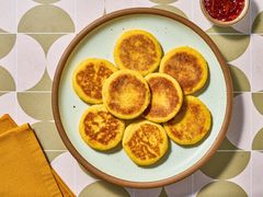 Overhead view of harcha on plate