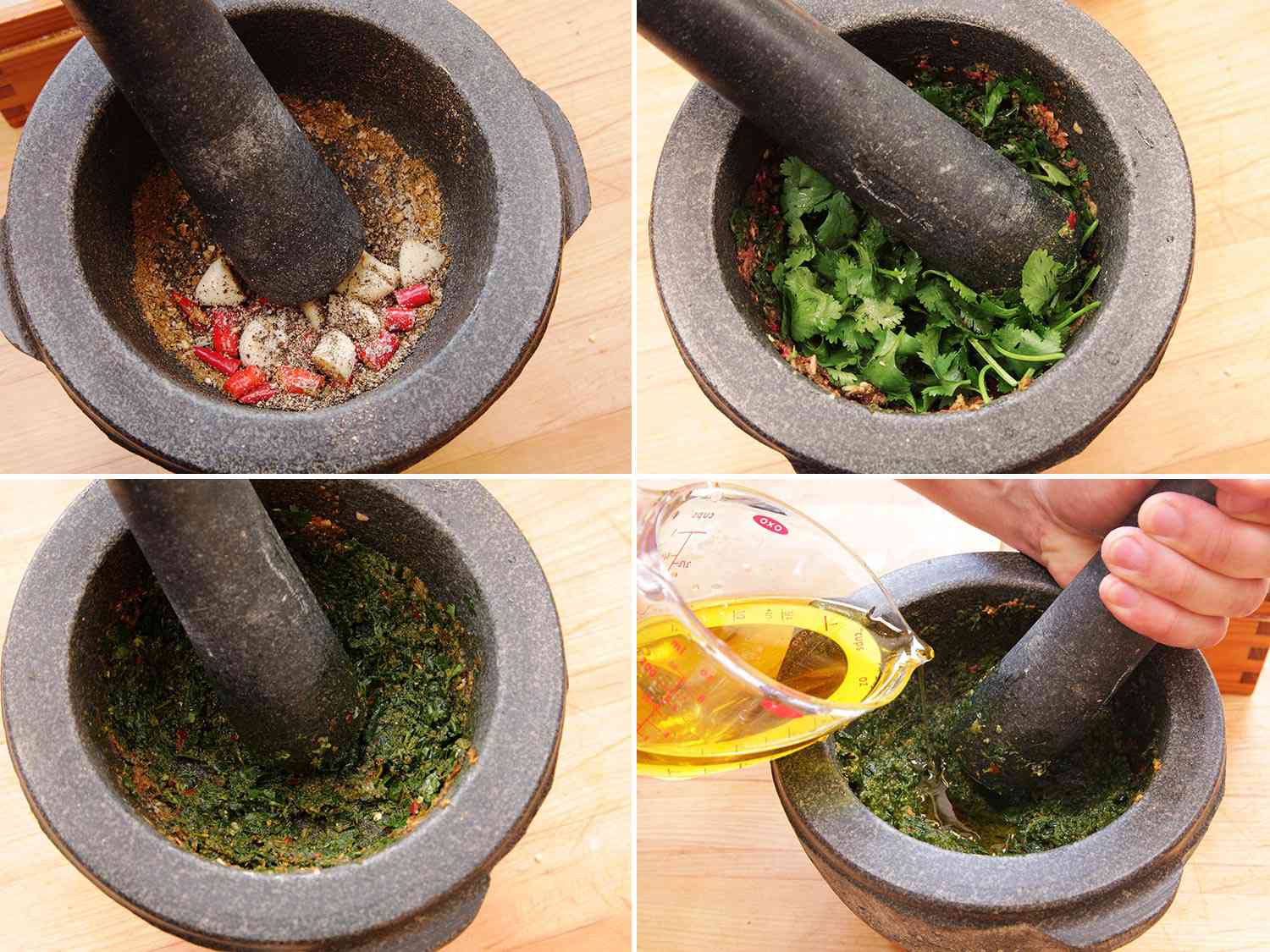 Collage showing chiles, garlic, cilantro, and parsley being pounded with a mortar and pestle. The final frame shows oliveoil being pounded into the sauce.