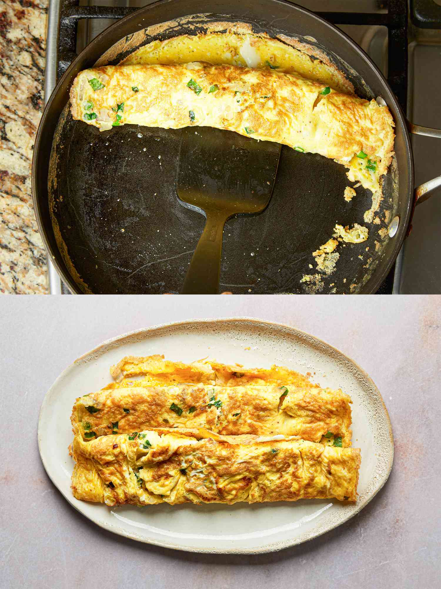 Two image collage of rolling omelette and placing it on plate
