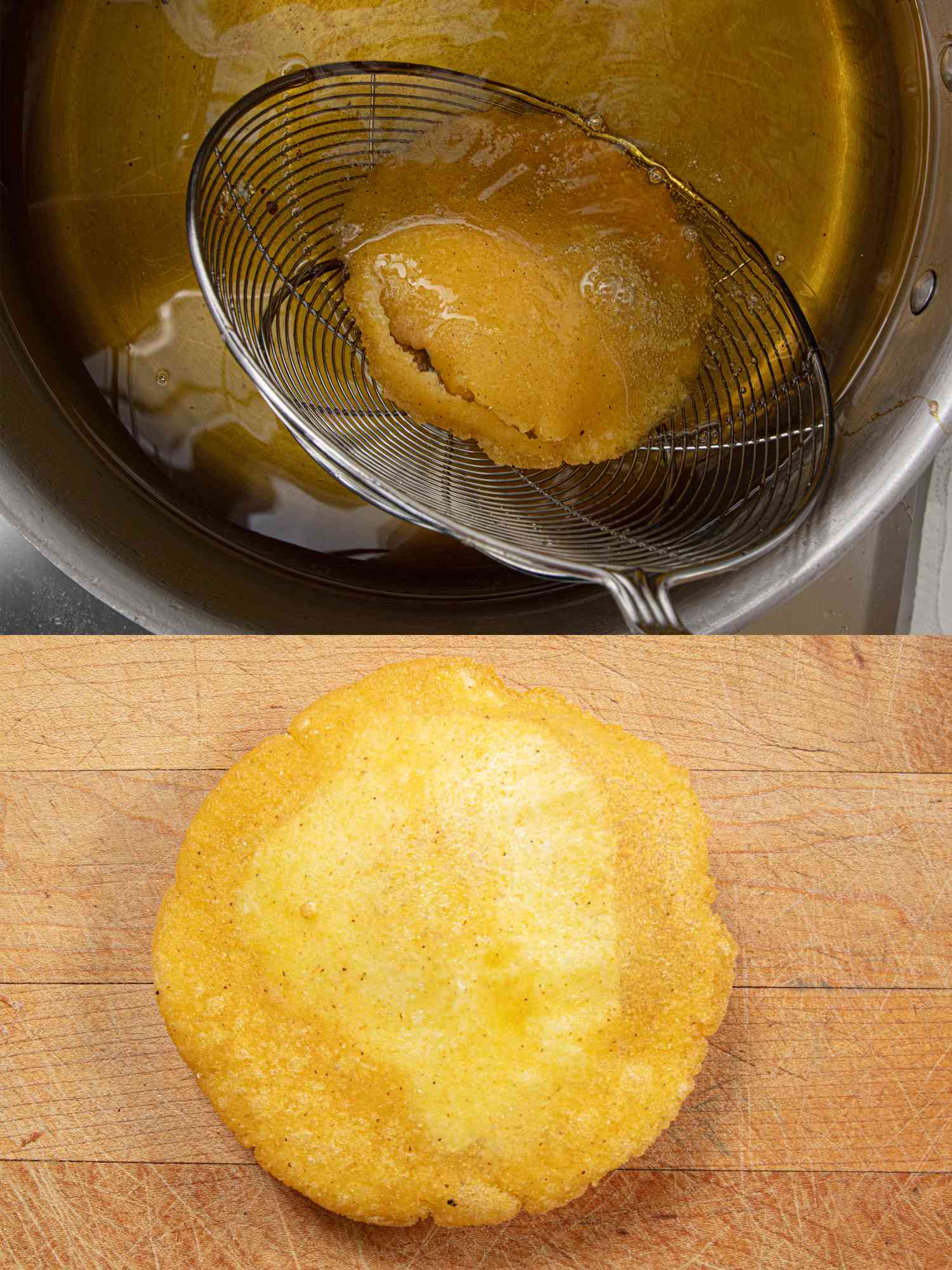 Two image collage of frying arepa with egg and finished arepa de huevo