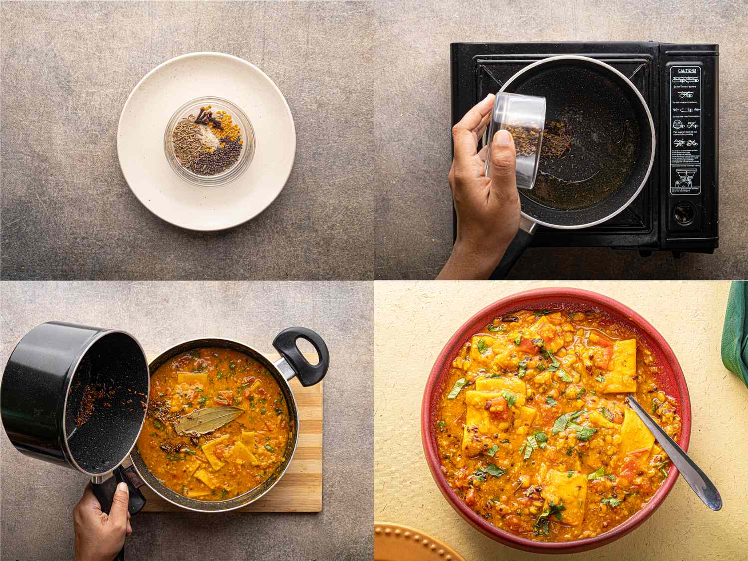Fourstep cooking process showing ingredients cooking in a pan mixing and a completed dish served in a bowl