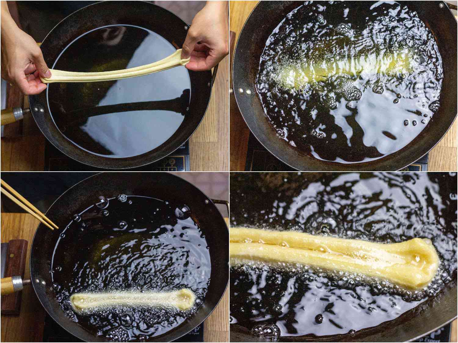 Collage of youtiao dough being fried