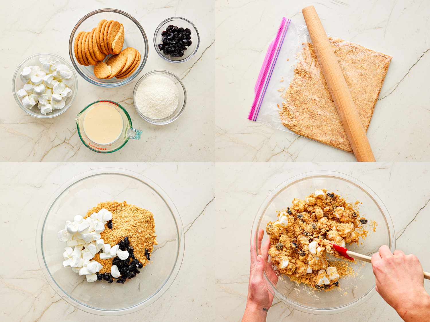 Four image collage of Fifteens ingredients, breaking up biscuits with a rolling pin in a plastic bag, ingredients in a bowl, and mixing them together