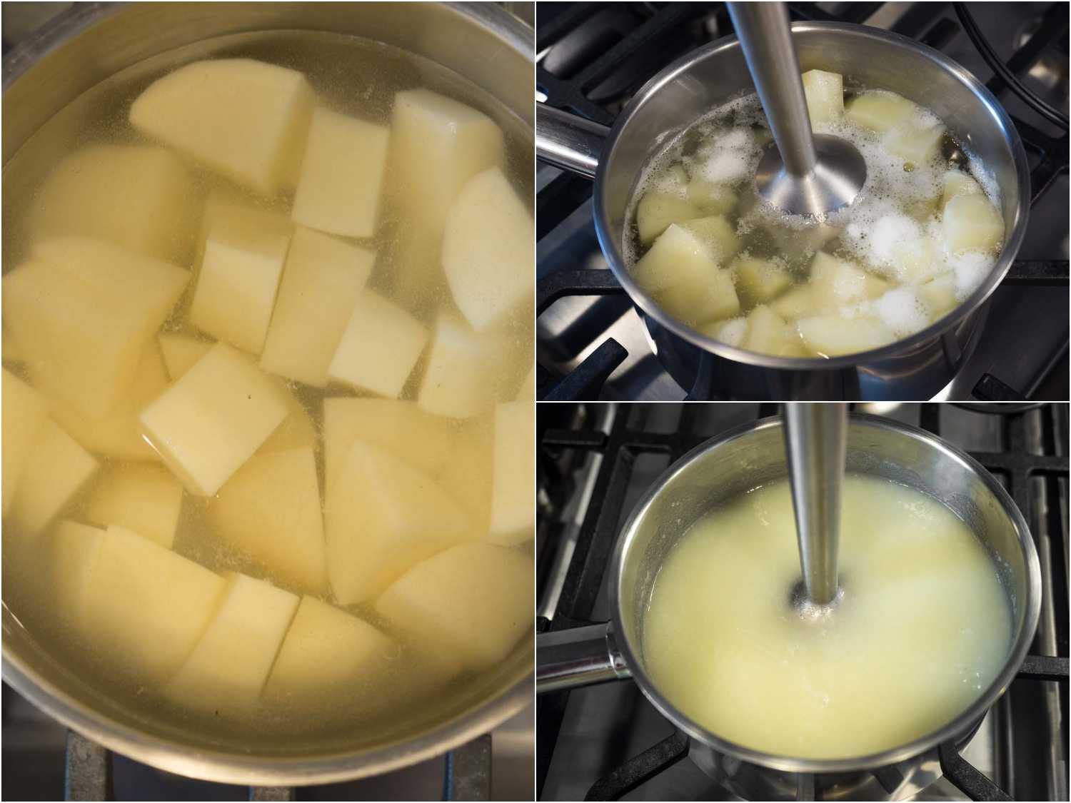 Making the pul for young radish greens kimchi by boiling potatoes until soft and blending with an immersion blender. 